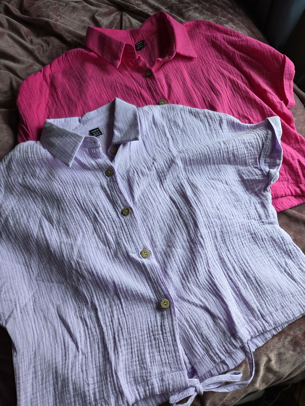 SHEIN Pink & Lavender Button-Down Short Sleeve Tops